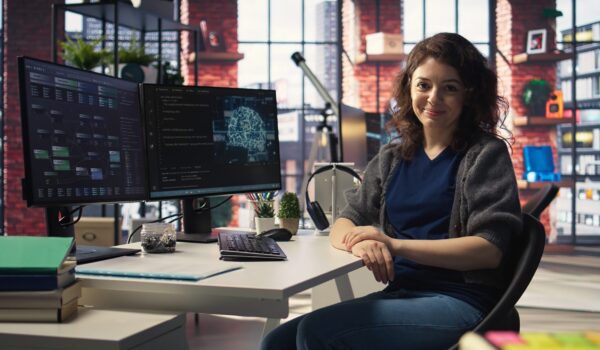 Admin writing code and doing maintenance on artificial intelligence neural networks computerized model. Woman tech support expert doing checkup on AI systems, data science. Camera A.